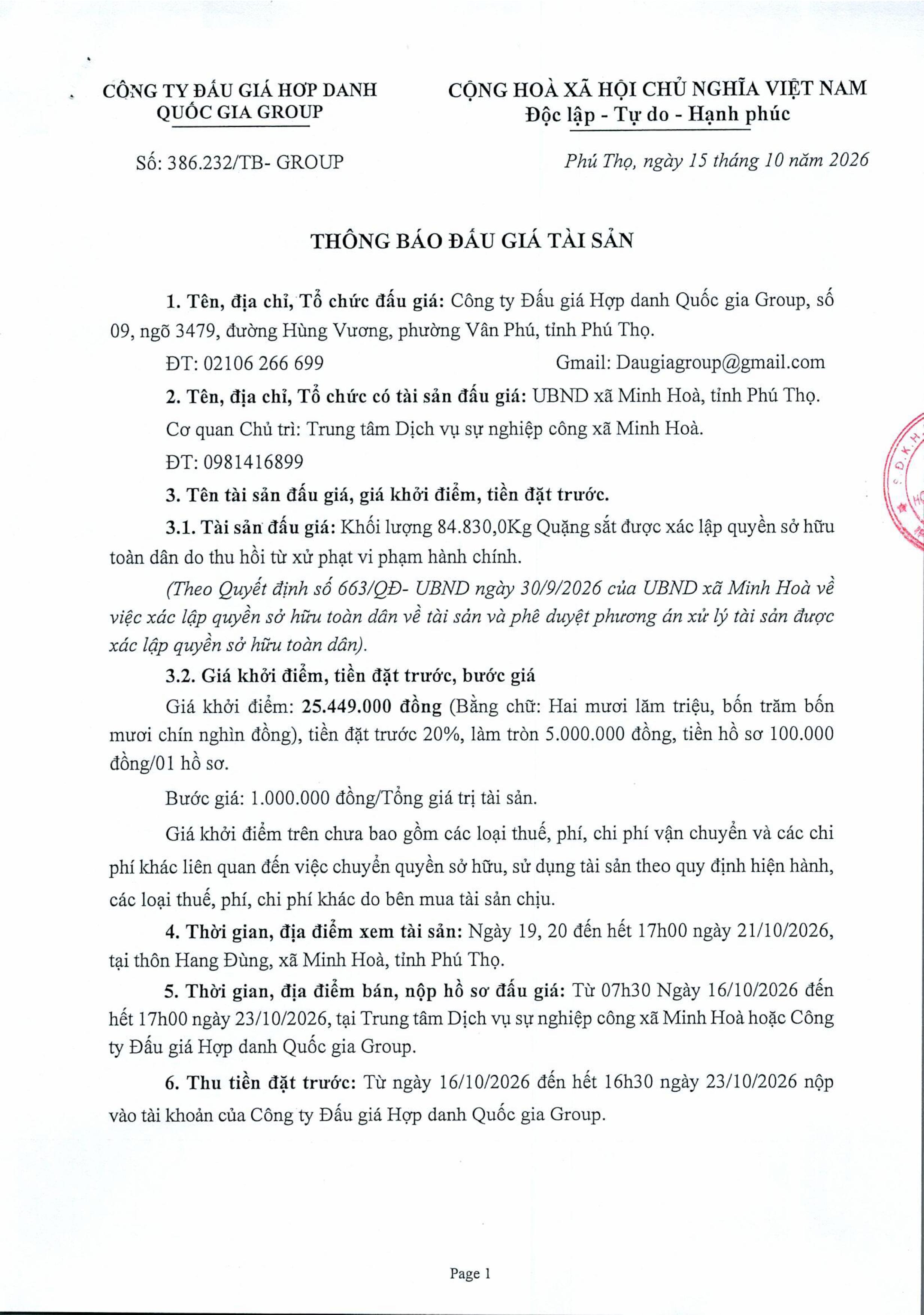 THÔNG BÁO ĐẤU GIÁ TÀI SẢN (QUẶNG SẮT)
