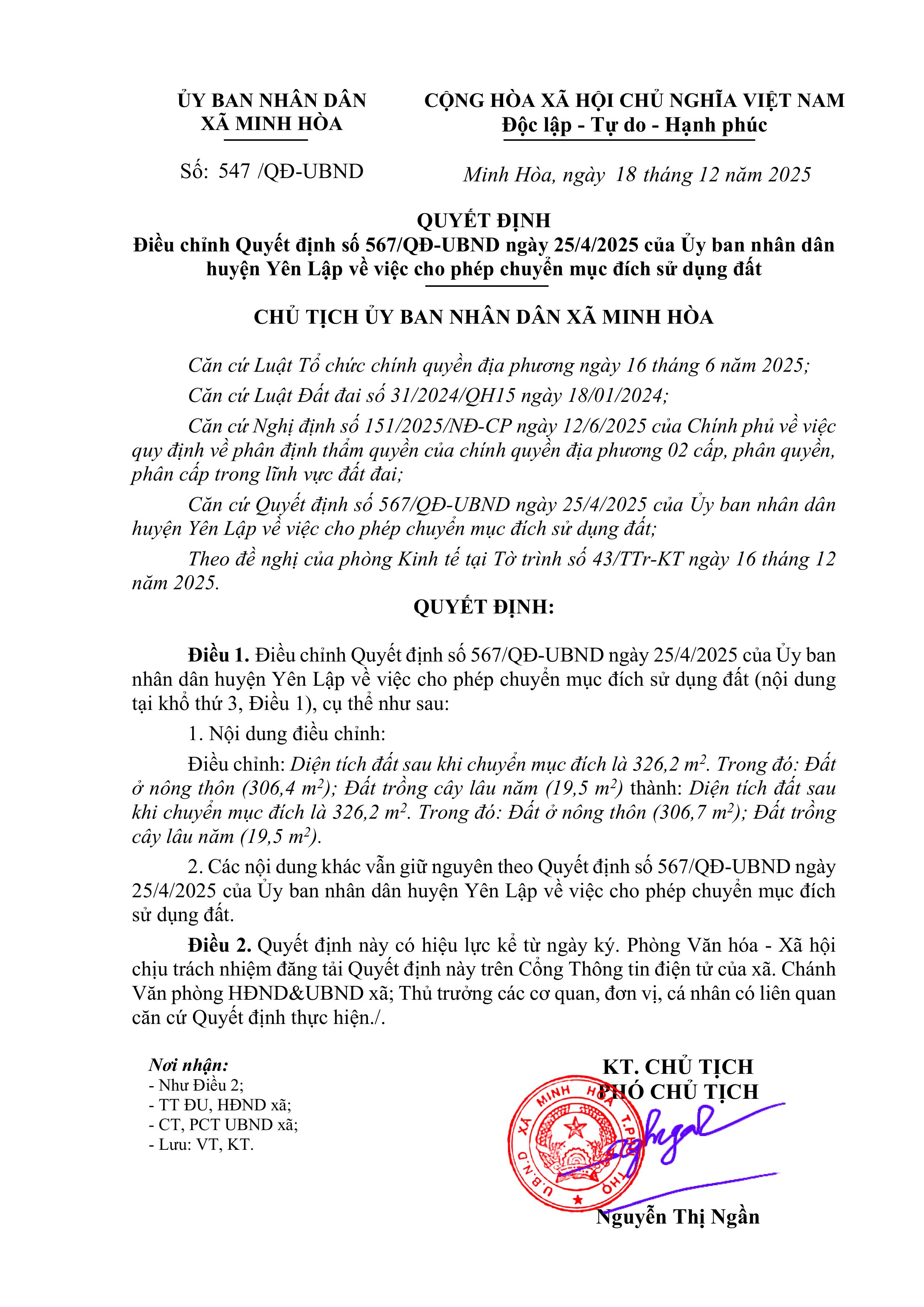 QUYẾT ĐỊNH Điều chỉnh Quyết định số 567/QĐ-UBND ngày 25/4/2025 của Ủy ban nhân dân huyện Yên Lập về việc cho phép chuyển mục đích sử dụng đất