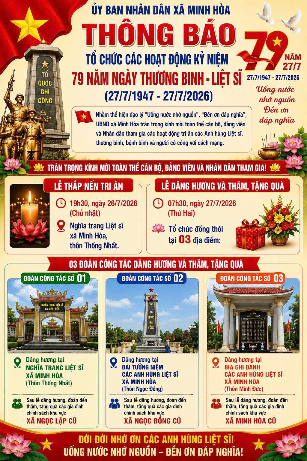 THÔNG BÁO CÁC HOẠT ĐỘNG KỶ NIỆM 79 NĂM NGÀY THƯƠNG BINH - LIỆT SĨ (27/7/1947 - 27/7/2026)