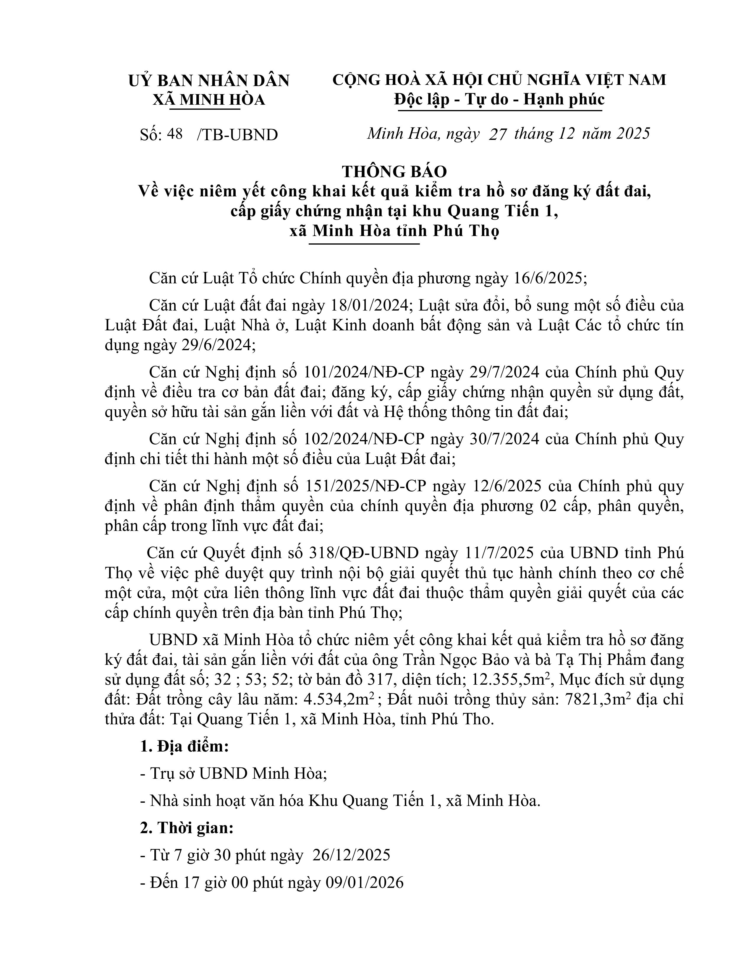 THÔNG BÁO Về việc niêm yết công khai kết quả kiểm tra hồ sơ đăng ký đất đai, cấp giấy chứng nhận tại khu Quang Tiến 1,  xã Minh Hòa tỉnh Phú Thọ