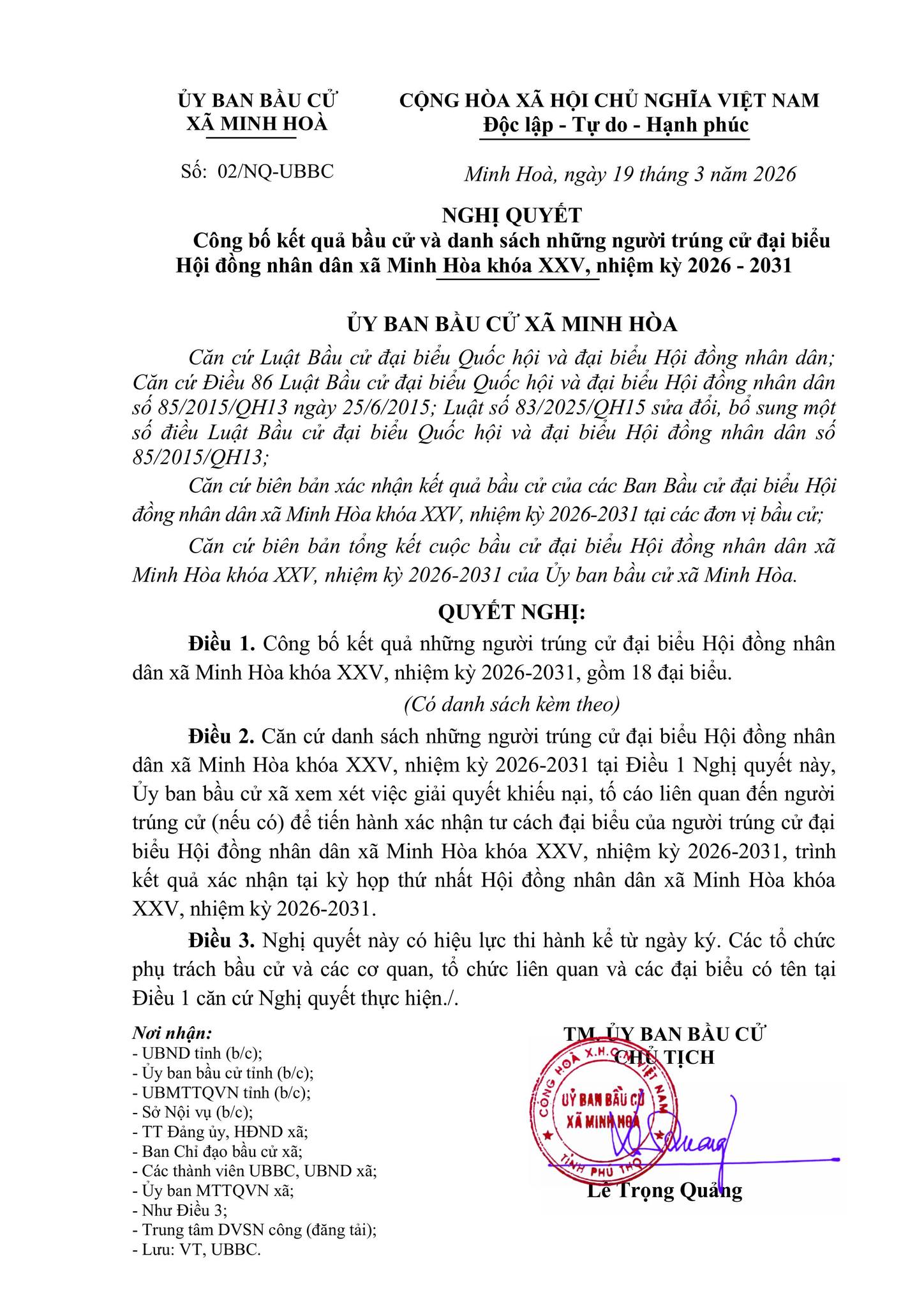 NGHỊ QUYẾT Công bố kết quả bầu cử và danh sách những người trúng cử đại biểu Hội đồng nhân dân xã Minh Hòa khóa XXV, nhiệm kỳ 2026 - 2031