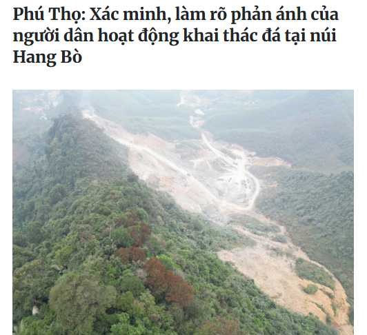 Phú Thọ: Xác minh, làm rõ phản ánh của người dân hoạt động khai thác đá tại núi Hang Bò