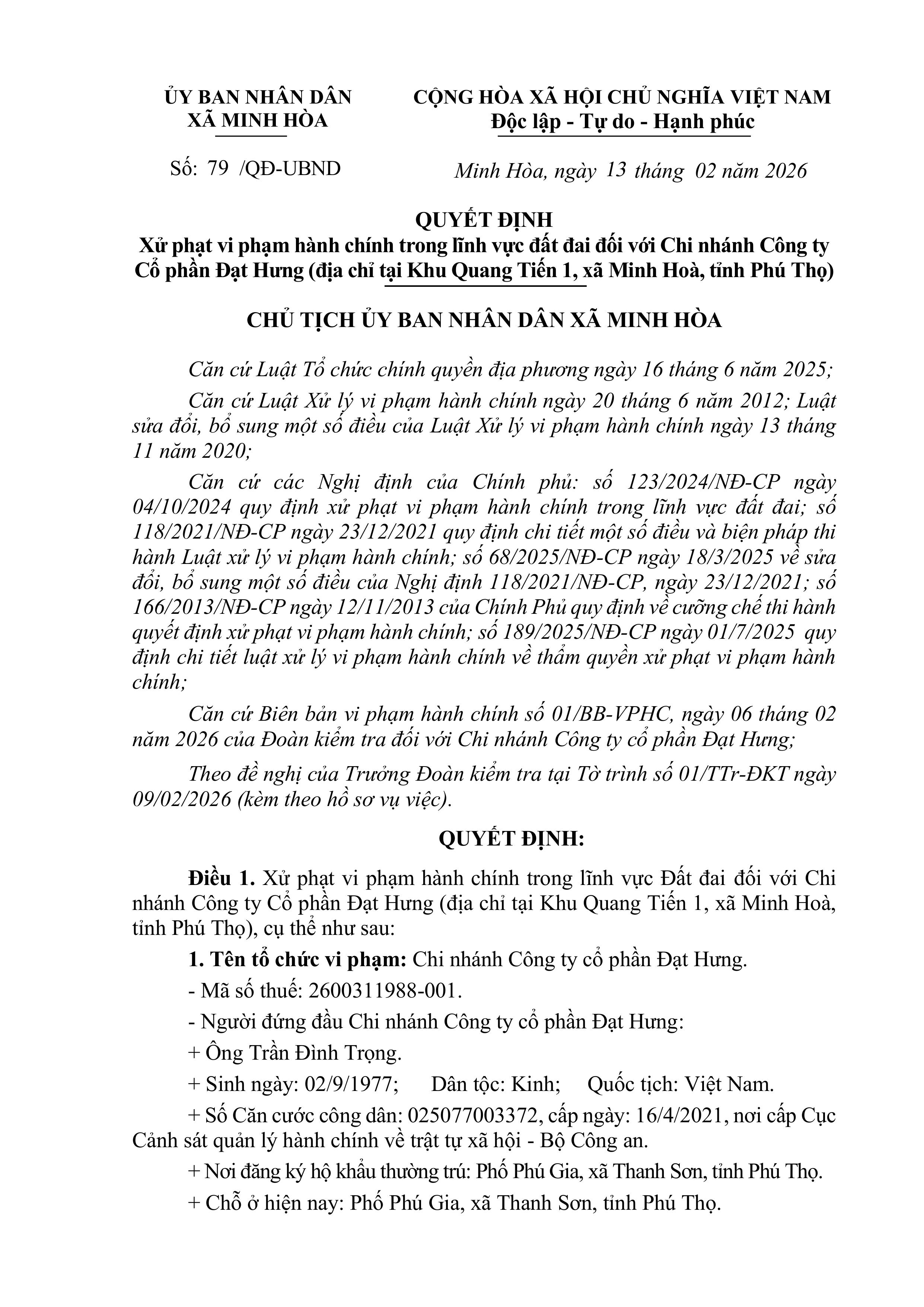 QUYẾT ĐỊNH  Xử phạt vi phạm hành chính trong lĩnh vực đất đai đối với Chi nhánh Công ty  Cổ phần Đạt Hưng (địa chỉ tại Khu Quang Tiến 1, xã Minh Hoà, tỉnh Phú Thọ)