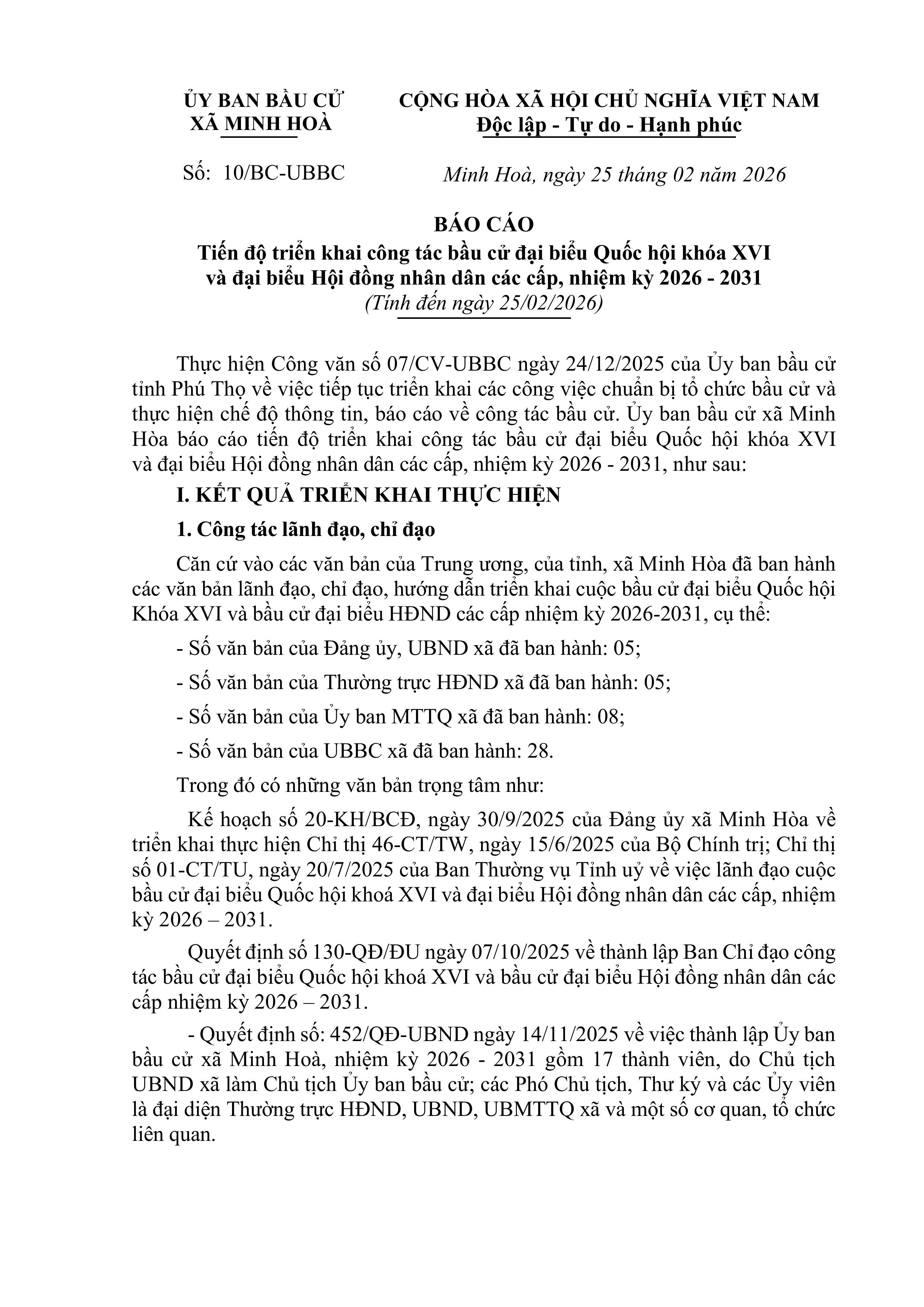 Báo cáo  tiến độ công tác bầu cử xã MINH HOÀ (tính đến 25/2/2026)