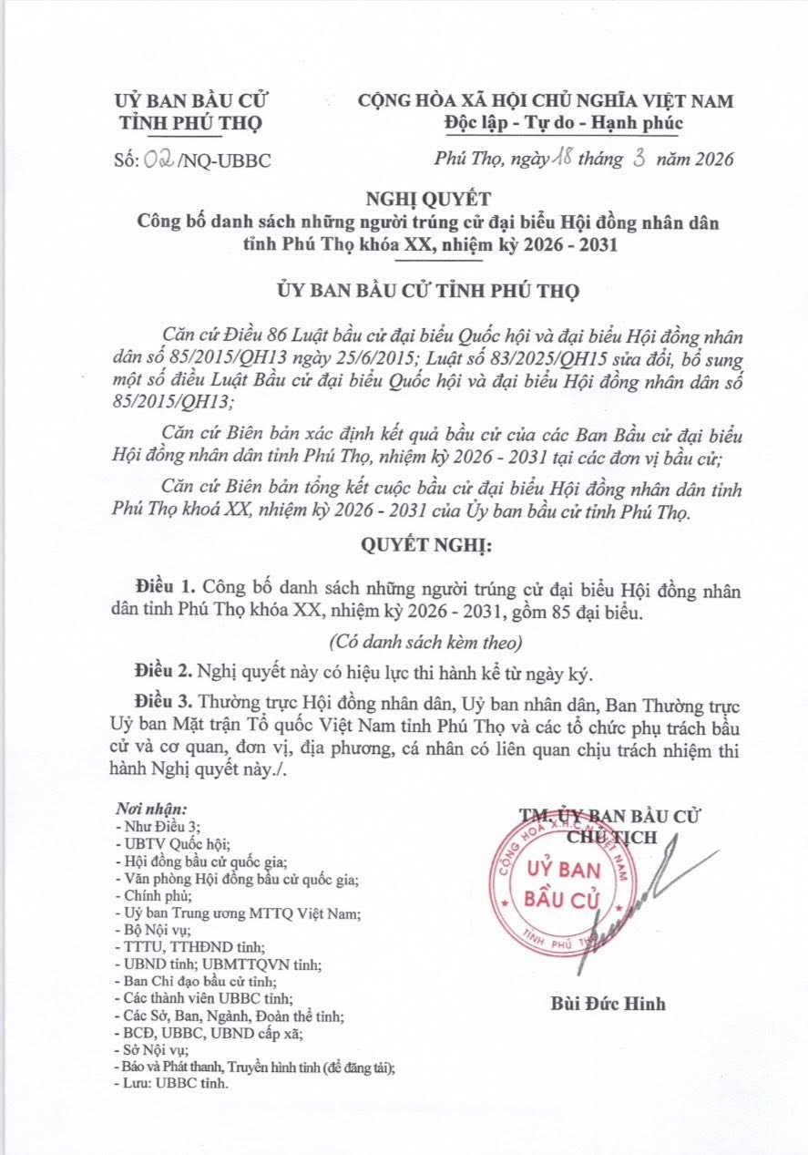 NGHỊ QUYẾT CÔNG BỐ DANH SÁCH NHỮNG NGƯỜI TRÚNG CỬ ĐẠI BIỂU HỘI ĐỒNG NHÂN DÂN TỈNH PHÚ THỌ KHÓA XX, NHIỆM KỲ 2026-2031